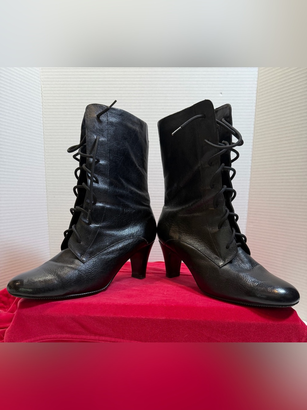 Soft black leather midcalf lace up boots 11 inches tall size women’s 8 1/2 Wide